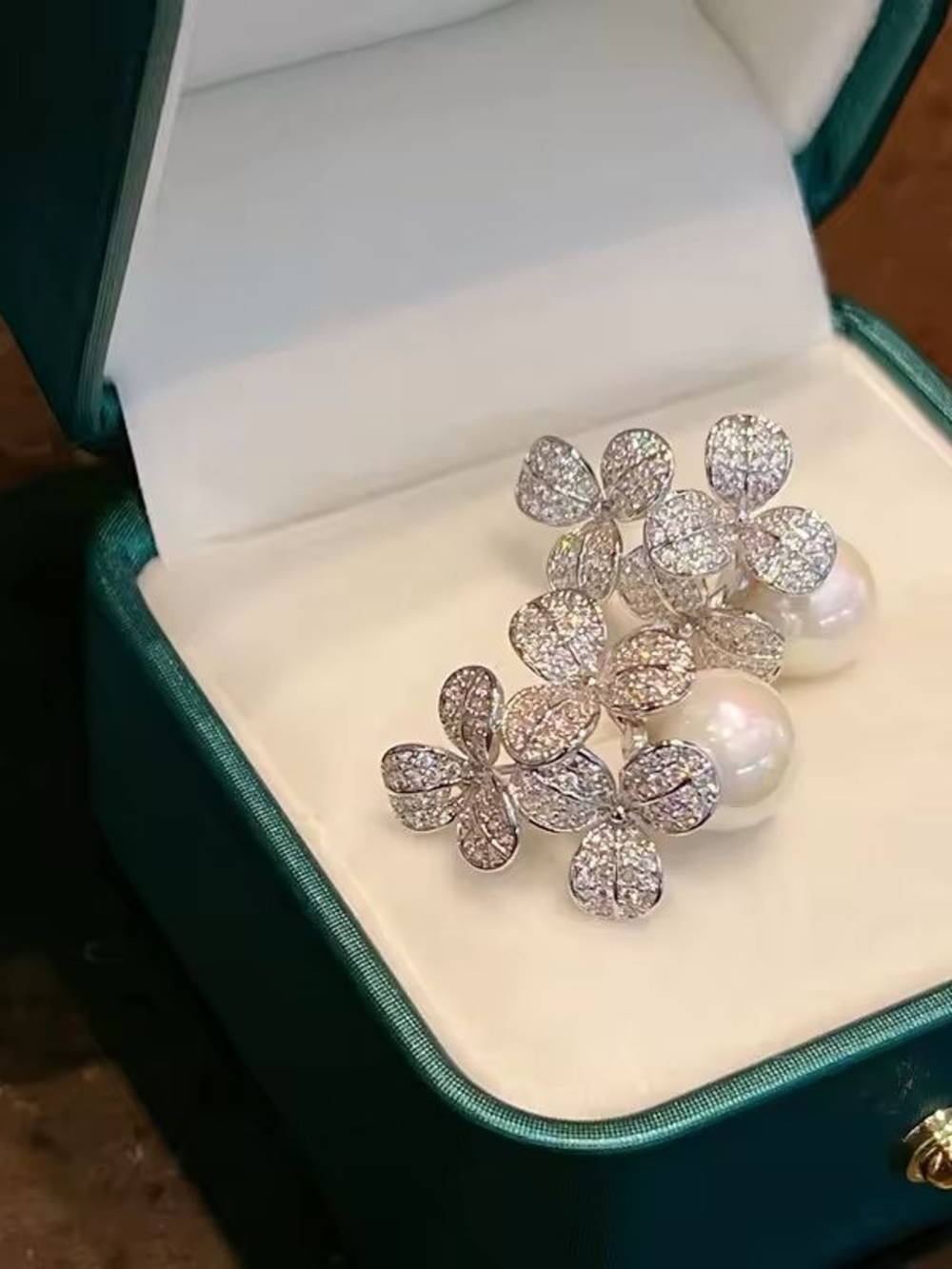 Silver Floral Crystal and Pearl Drop Earrings - White - Picture 4 of 4